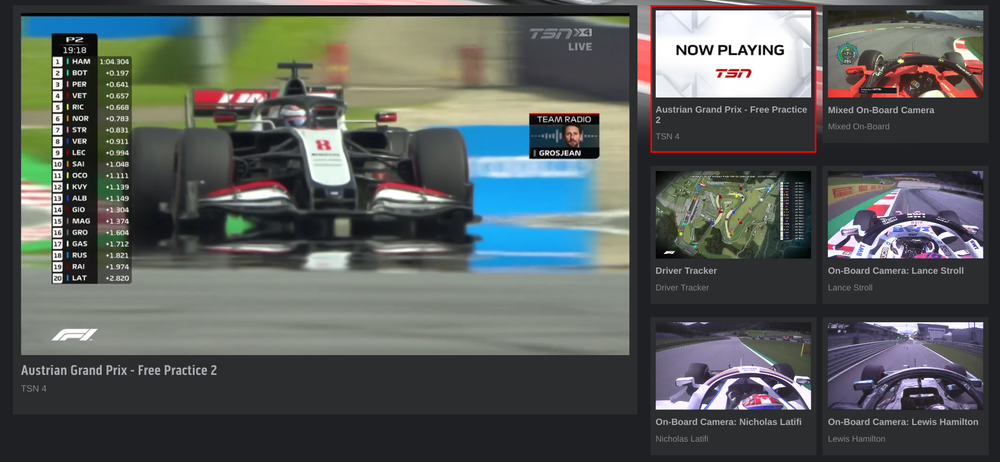 This is a screenshot of how TSN is personalizing the F1 viewing experience. They have created an interface where viewers are able to watch the race from their preferred perspective.